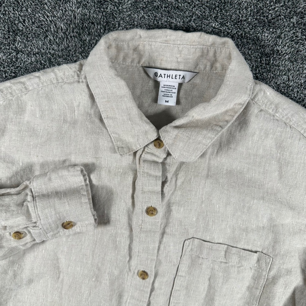 Athleta Linen Shirt Womens M Oatmeal Long Sleeve Button Down Casual Pocket Top